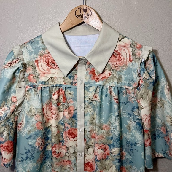 Floral Button Up Shirt Ruffles VTG Inspired 80s Green‎ Cottagecore Grandma Sz XL - Picture 2 of 6